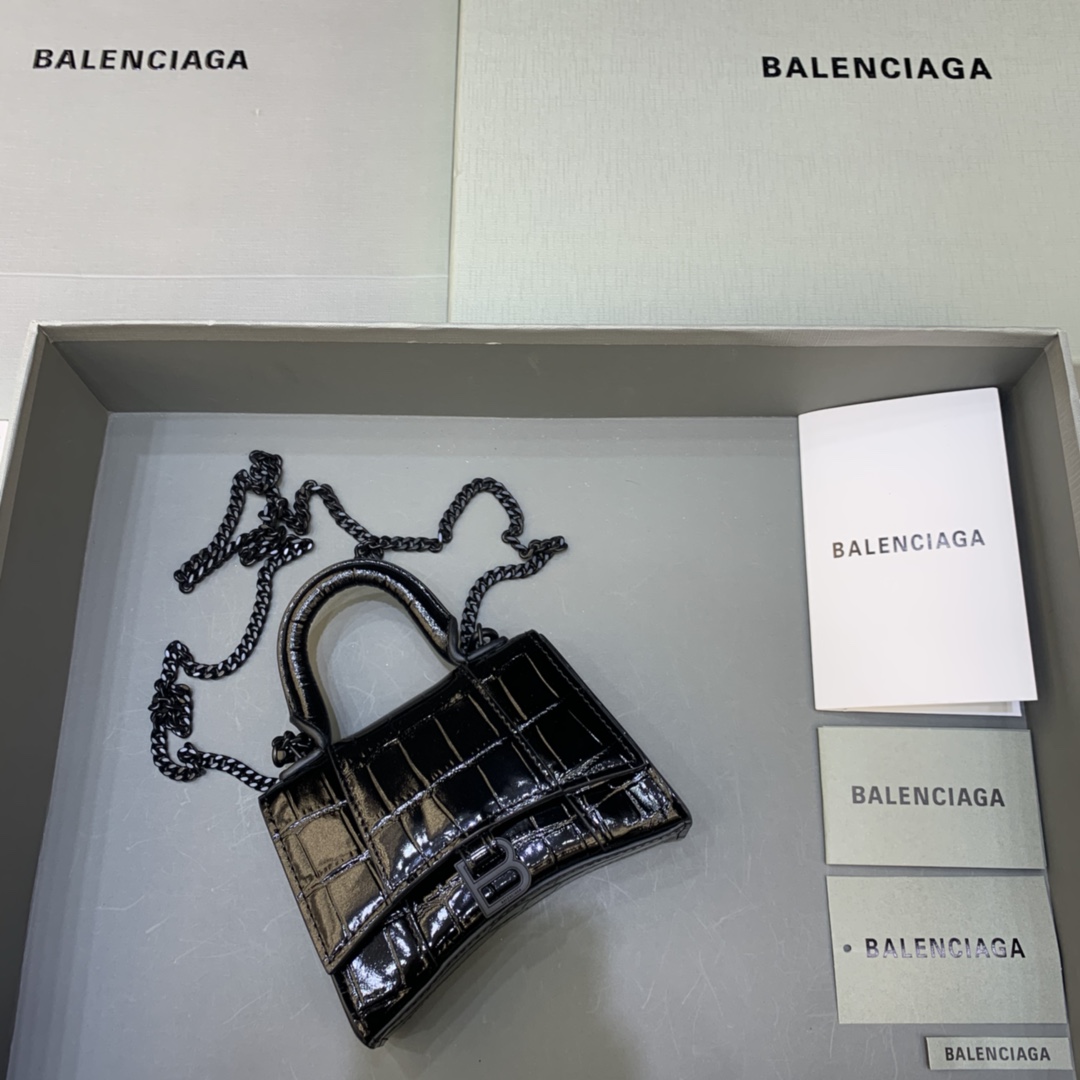 Balenciaga Hourglass Mini Handbag With Chain Crocodile Embossed Shoulder Bag Black